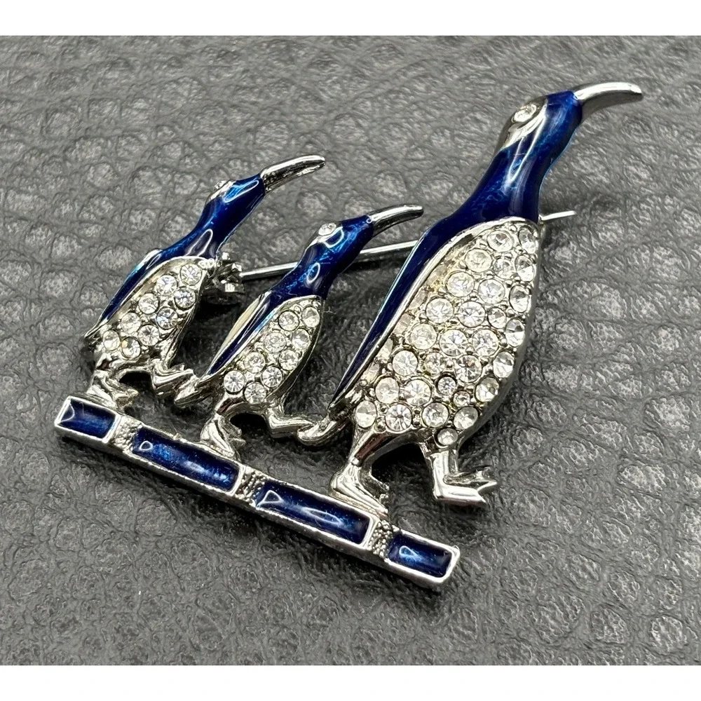 Vintage D'Orlan Penguin Brooch Pin Silver Tone Blue Enamel Crystal Rhinestone